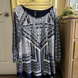 Style & Co. Navy and White Patterned Long Sleeve Top